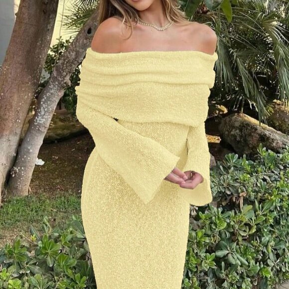 Light Yellow Elegant Women's Sexy Beach Vacation Off shoulder maxi Dress - Picture 6 of 10